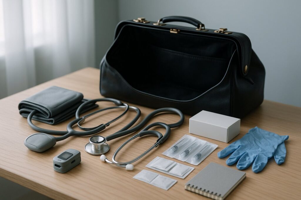 Укладка врача: тонометр, пульсоксиметр, инфузионные системы, перчатки